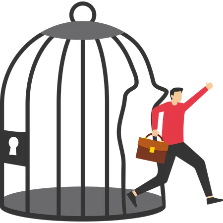 Strong ambitious entrepreneur bends bar and escapes from birdcage trap  Illustration