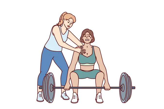 Strong athlete lifts heavy barbell under supervision of personal trainer from gym teaching ward  Illustration