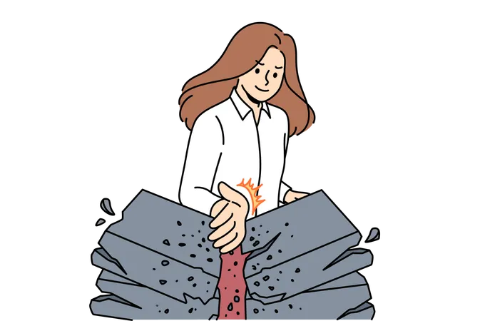 Strong business woman breaks stones with palm and demonstrating seriousness in achieving success  Illustration