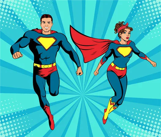 Male And Female Superheroes Strong Businessman And Businesswoman Success Vector Illustration In Pop Art Retro Comic Style Illustration
