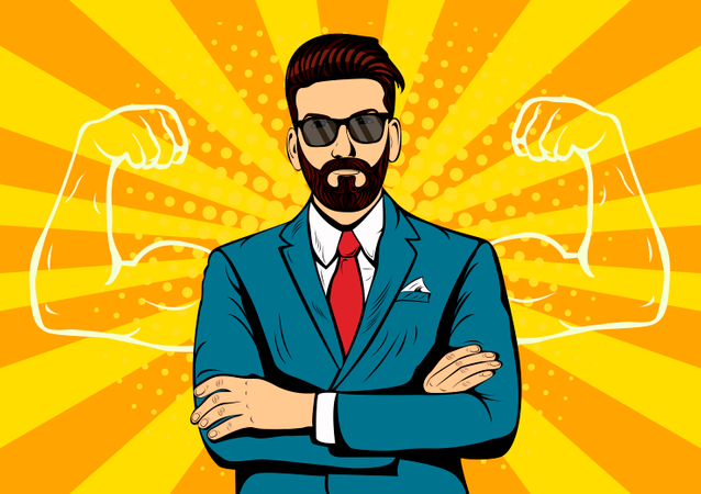 Strong Businessman in glasses in comic style. Success concept vector illustration  Illustration