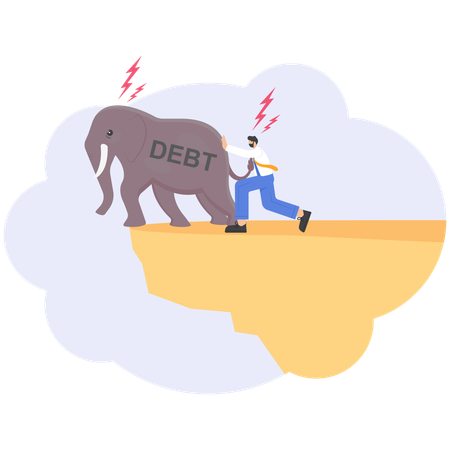 Strong businessman throwing away big elephant with words debt  Illustration
