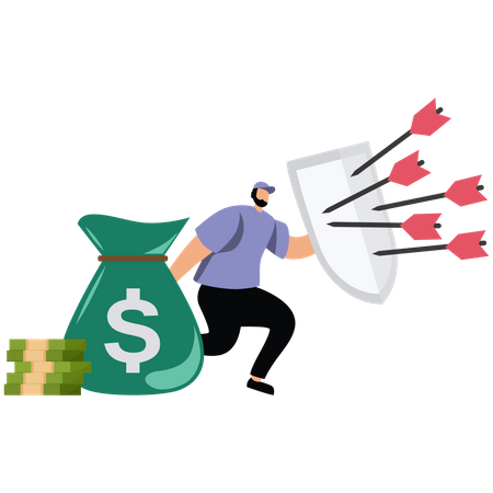 Strong businessman with armor shield to protect from bow arrows  Illustration