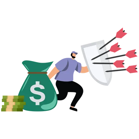 Strong businessman with armor shield to protect from bow arrows  Illustration