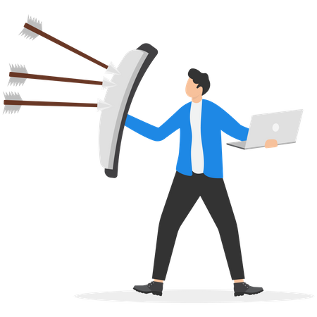 Strong businessman with armor shield to protect from bow arrows  Illustration