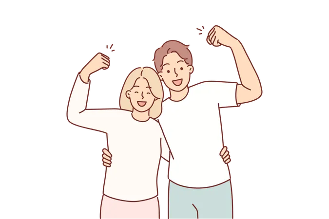 Strong couple shows biceps and hugs  Illustration