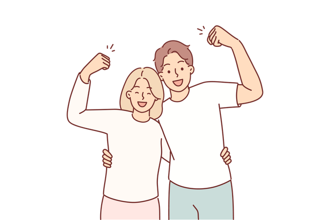 Strong couple shows biceps and hugs  Illustration