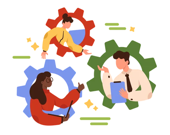 Strong Dedicated Team Effective Cooperation And Teamwork Of Employees Tiny People Work Inside Gears Together Collaboration Of Characters Building Success Enterprise Cartoon Vector Illustration Illustration