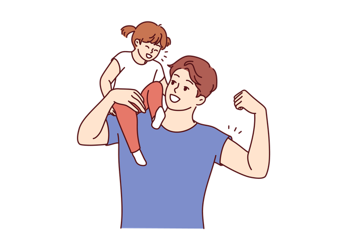 Strong father holds daughter on shoulder  Illustration
