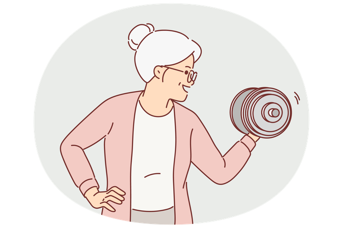 Strong grandmother lifts dumbbell wishing to remain powerful and energetic after retirement  Illustration