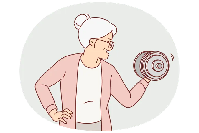 Strong grandmother lifts dumbbell wishing to remain powerful and energetic after retirement  Illustration