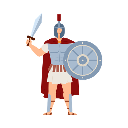 Strong male in armor with sword and shield in hands  Illustration