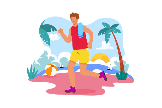 Strong male jogging on a beach Illustration