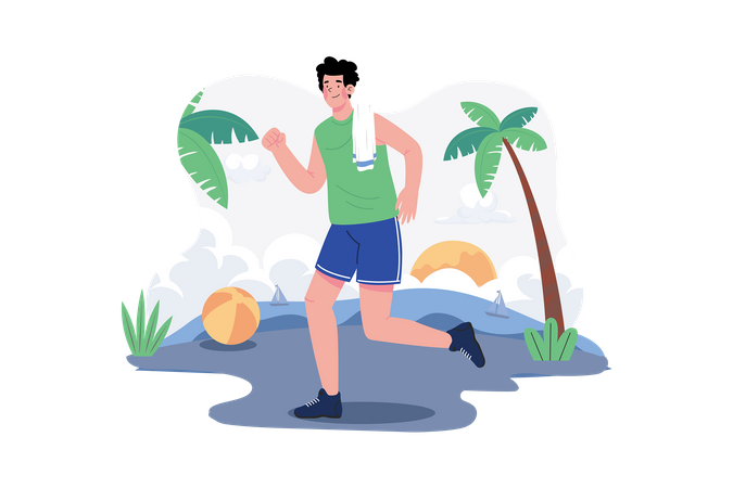 Strong male jogging on a beach Illustration