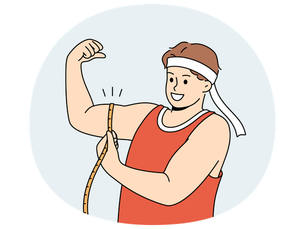 Strong man shows biceps and uses measuring tape to check size of muscles on arm  Illustration