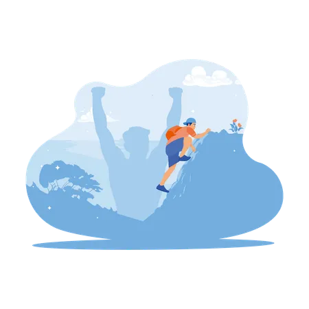Strong Man With Backpack On His Back Climbing Cliff  Illustration