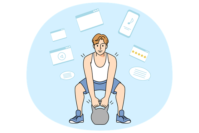 Strong man workout with barbell in gym  Illustration