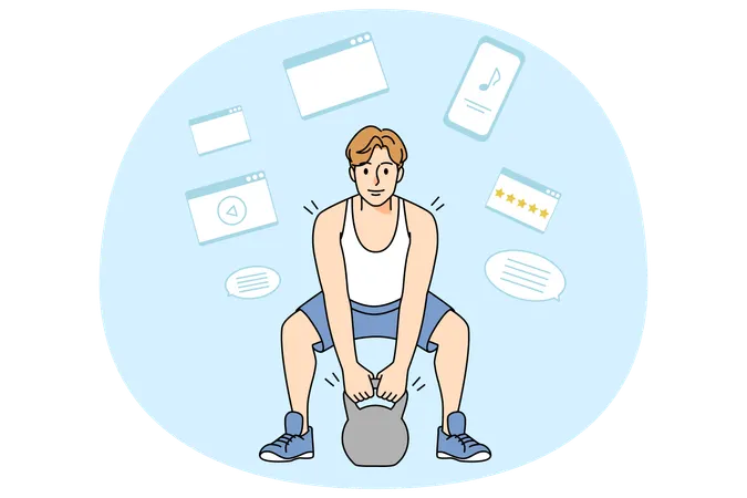 Strong man workout with barbell in gym  Illustration