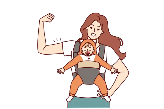 Strong Mother With Newborn In Baby Carrier Shows Biceps Demonstrating Confidence In Happy Future Of Child Young Self Confident Mother Proud To Raise Son Or Daughter Alone For Feminism Concept イラスト