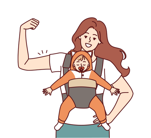 Strong mother with newborn in baby carrier shows biceps demonstrating confidence in future of child  Illustration