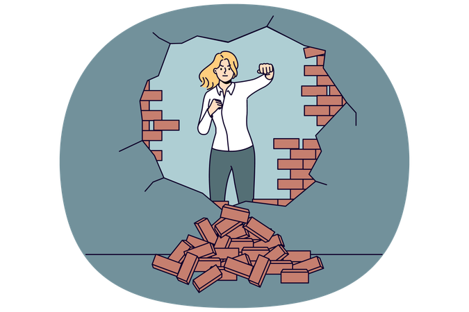 Strong woman breaks down barriers to business success  Illustration