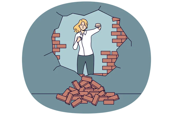 Strong woman breaks down barriers to business success  Illustration