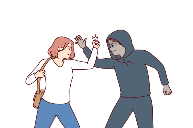 Strong woman fights back against thief by showing self-defense techniques to offender man  Illustration