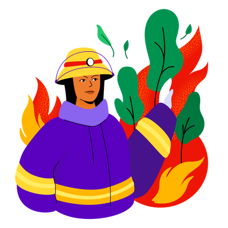 Strong woman firefighter trying to save the forest from burning flames  Illustration