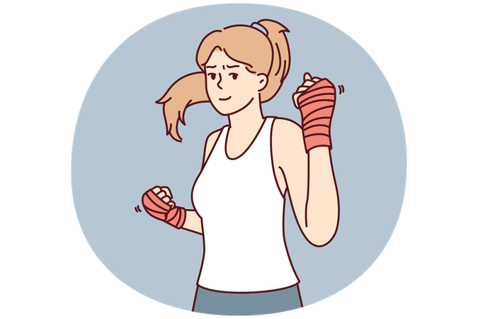 Strong woman with boxing bandages on hands inviting to fight  Illustration