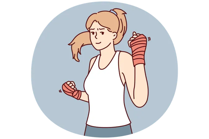 Strong woman with boxing bandages on hands inviting to fight  Illustration