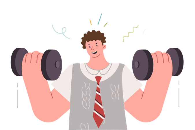 Strong young business man pumping arms using dumbbells while taking break from work  Illustration