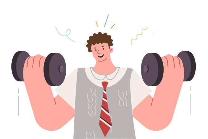 Strong young business man pumping arms using dumbbells while taking break from work  Illustration