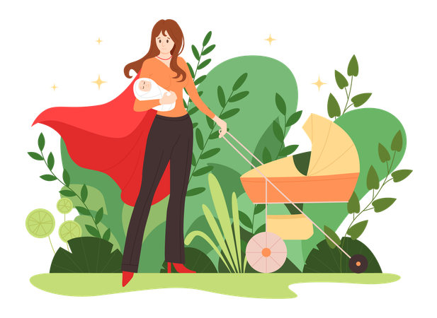 Strong young woman holding baby and pushing stroller  Illustration