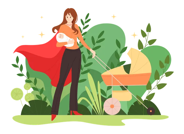 Superhero Mom Vector Illustration Cartoon Strong Young Woman Wearing Red Cape Of Superwoman Busy Mother Holding Newborn Baby And Pushing Stroller Pose Of Best Supermom With Proud And Confidence Illustration