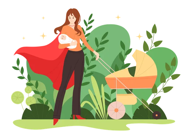 Strong young woman holding baby and pushing stroller  Illustration