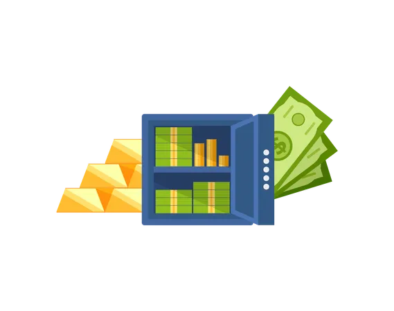 Strongbox Filled With Money Vector Isolated Banknotes And Coins On Shelves Gold Bars Wealthy Financial Ass Profit And Saving In Bank Account Illustration