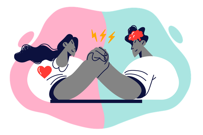 Struggle in relationship man and woman arguing about importance of intellect and feelings  Illustration