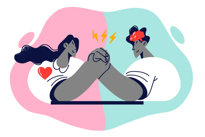 Struggle in relationship man and woman arguing about importance of intellect and feelings  Illustration