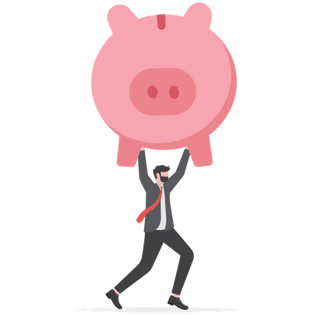 Struggling businessman holding piggy bank  Illustration