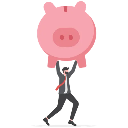 Struggling businessman holding piggy bank  Illustration