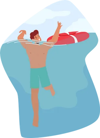 Struggling Man Character Submerging In Water With Arms Raised In Desperation Danger And Urgency Of Drowning Water Safety Campaigns Or Emergency Services Concept Cartoon People Vector Illustration Illustration