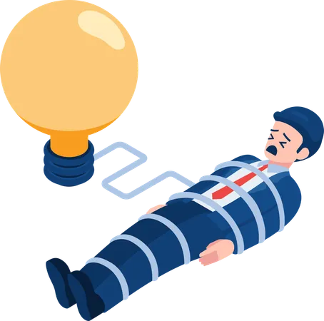 Flat 3 D Isometric Businessman Tied Up With Light Bulb Of Idea Stuck For An Idea Concept Illustration