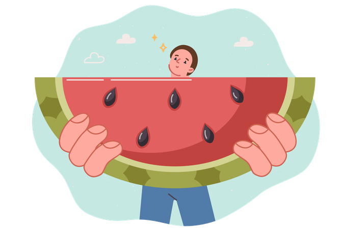 Ein Stück Wassermelone in den Händen eines hungrigen Mannes, der süße Früchte isst  Illustration