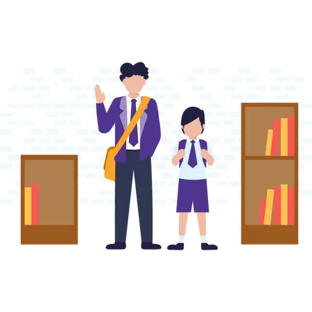 Student and teacher standing in the library Illustration