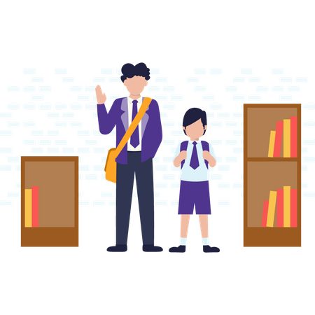 Student and teacher standing in the library  Illustration