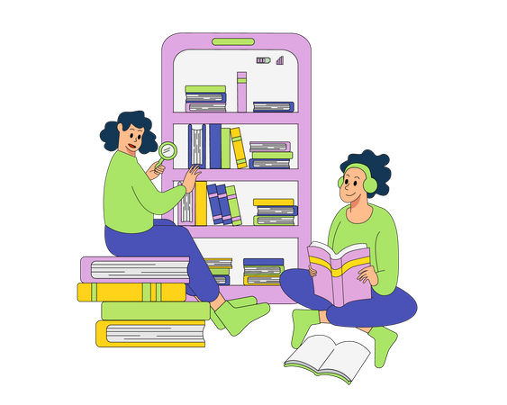 Student arranging books and reading books  Illustration