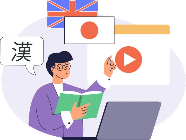 Student attending online language courses  Illustration