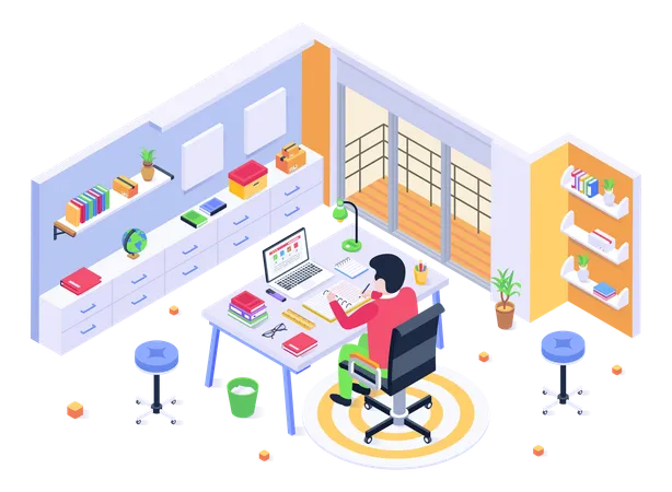Person Studying Online Isometric Illustration Of Study Home Illustration