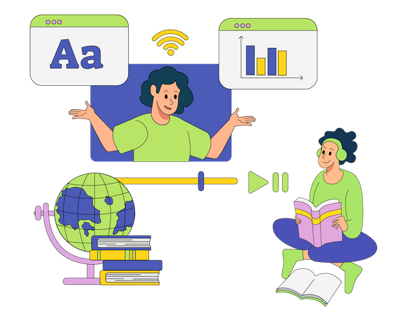 Student attending online maths class using headphones  Illustration