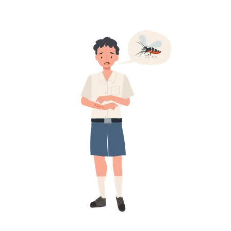 Student boy with Mosquito Bites Scratching Itchy Skin in Summertime  Illustration